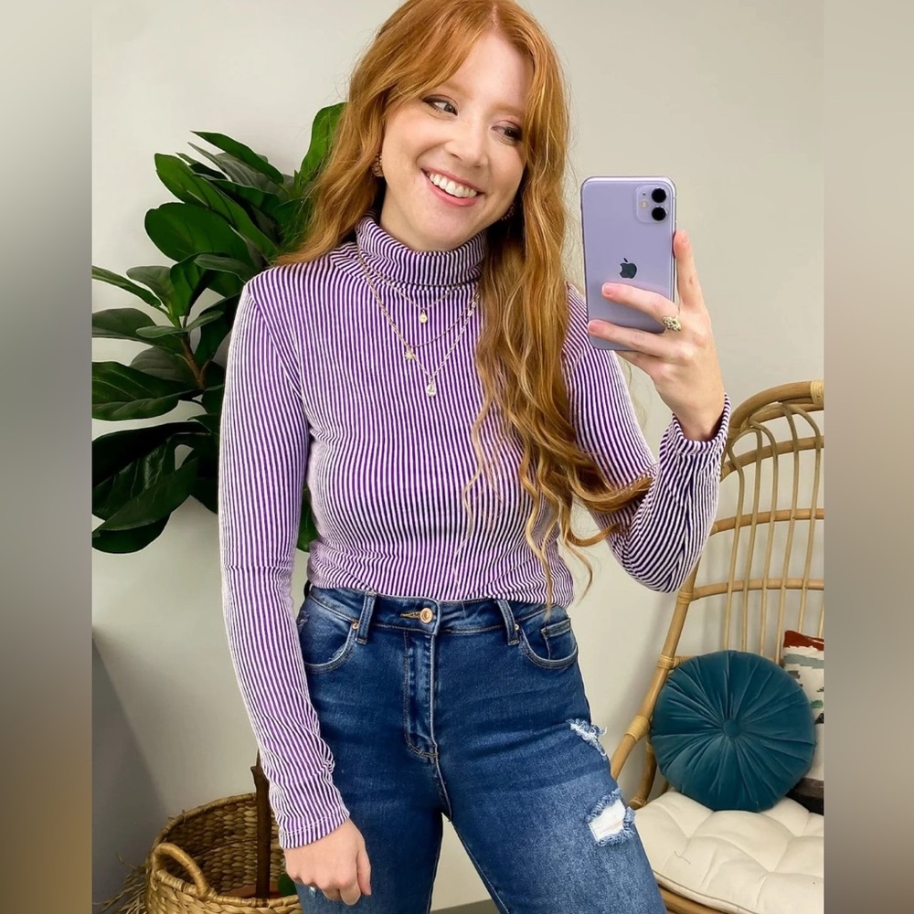 Purple Pure Charm Ribbed Striped Turtleneck Top